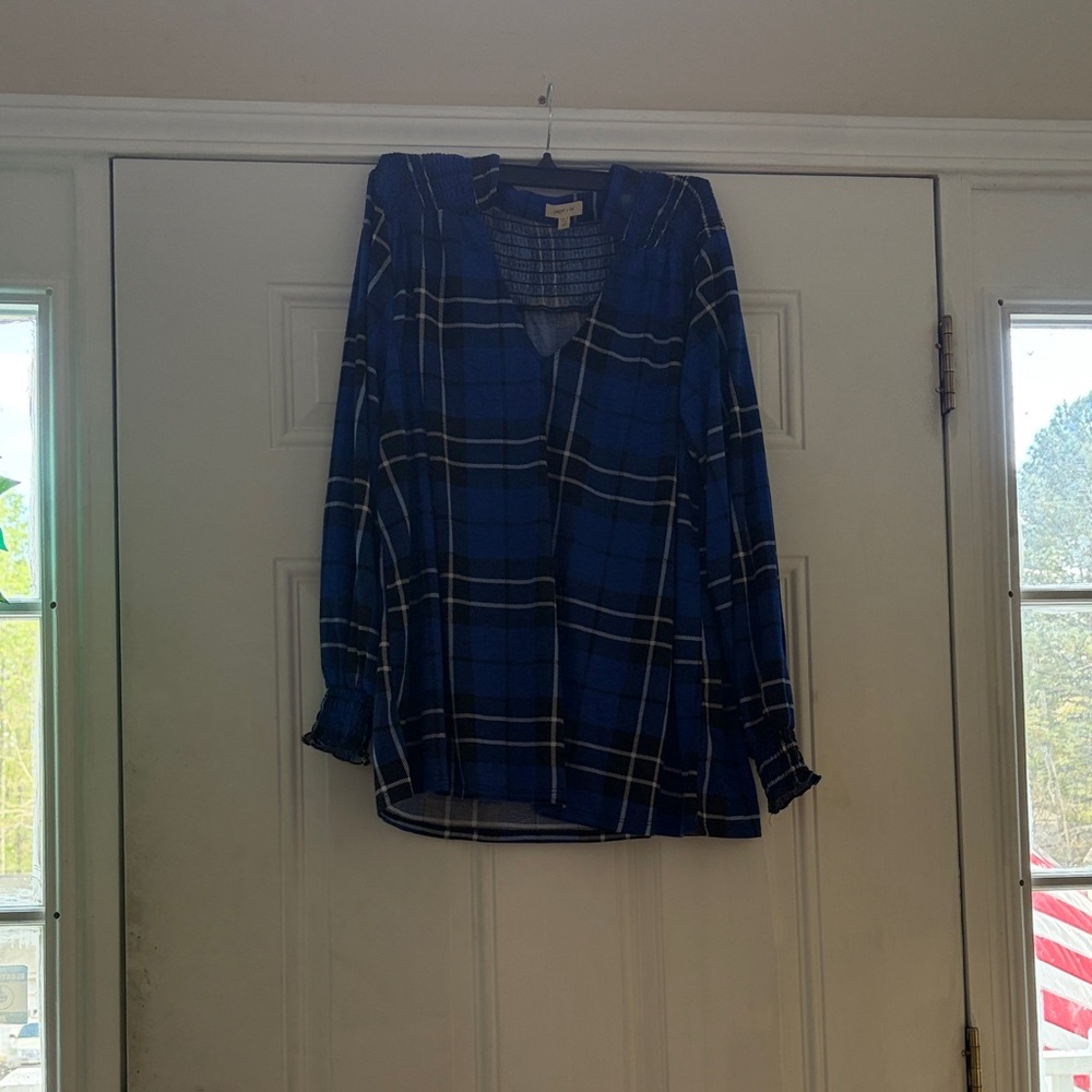 paper tee Blue Plaid V-Neck Long Sleeve Blouse